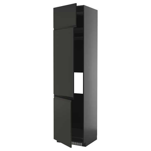 Black modern kitchen cabinet with three doors, sleek design, matte finish, tall and slim shape, glossy edges.