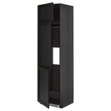Black METOD kitchen cabinet with wood grain, adjustable shelves, and doors.