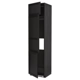 Black tall kitchen cabinet with open door, dark wood finish, rectangular shape, and adjustable shelves.