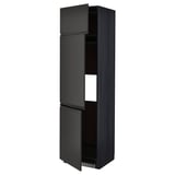 Black modern kitchen cabinet with three matte doors, tall and rectangular, featuring integrated handles and clean design.