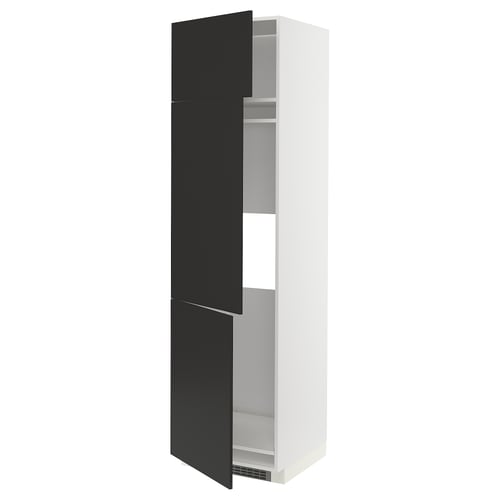 A white and black METOD kitchen cabinet with three open black doors revealing adjustable shelves inside.