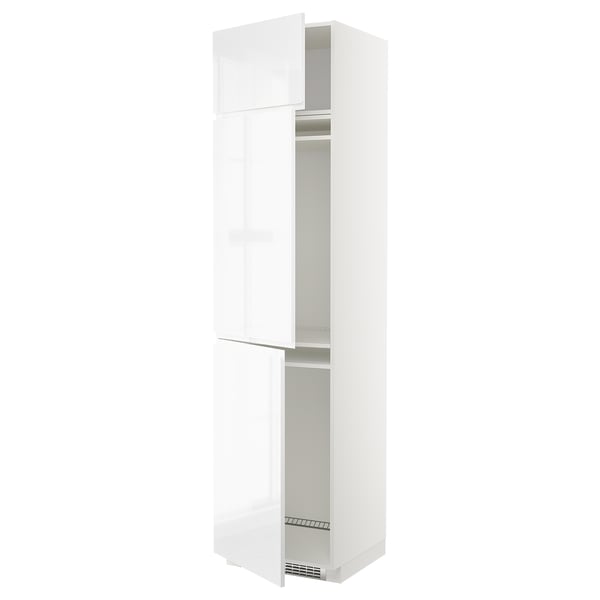 A tall, white gluten ikea METOD cabinet with two doors open, revealing adjustable shelves inside.