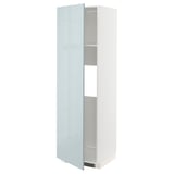 A modern, tall, white cabinet with a grey-blue high-gloss door slightly open, revealing an internal shelf.