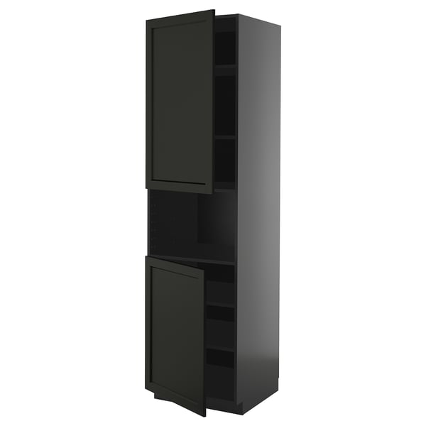 A black, tall kitchen cabinet with beveled edges from the METOD system, featuring two adjustable shelves.
