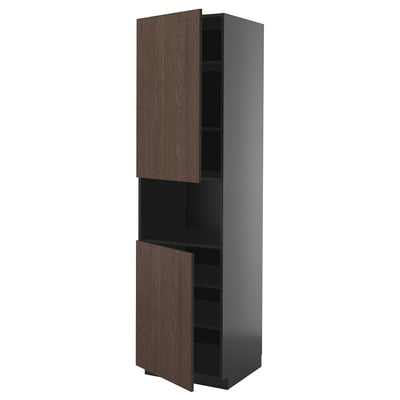 METOD kitchen cabinet, dark brown sinarp wood, tall with one open door, adjustable shelves.