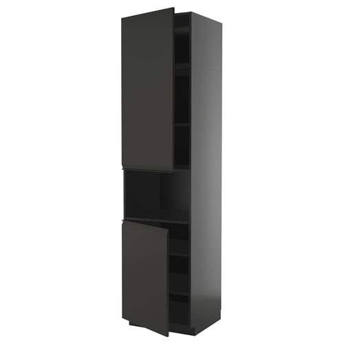 Black modern kitchen cabinet with sleek matte finish and minimalist handle, standing tall and rectangular.