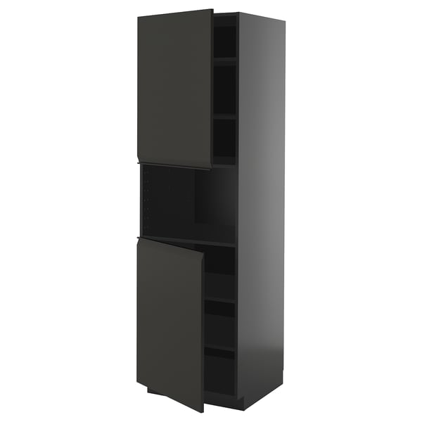METOD tall kitchen cabinet in matte black with adjustable shelves.