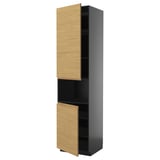 Black & oak cabinet, doors open. Character count: 31