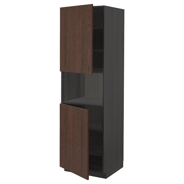 A tall dark brown kitchen cabinet with two open doors and wooden edges, part of the ikea METOD system.