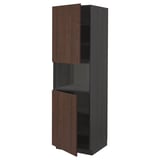 A tall dark brown kitchen cabinet with two open doors and wooden edges, part of the ikea METOD system.