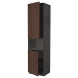 Tall dark brown kitchen cabinet with two open wooden doors revealing adjustable shelves inside.