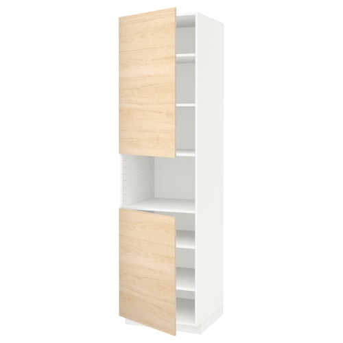 White tall kitchen cabinet with light wood doors and adjustable shelves.