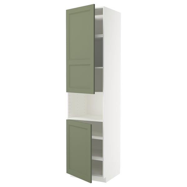 Modern METOD kitchen cabinet with greenish-grey doors, three shelves, and open storage.