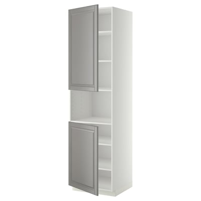 White & gray cabinet, two doors, adjustable shelves.