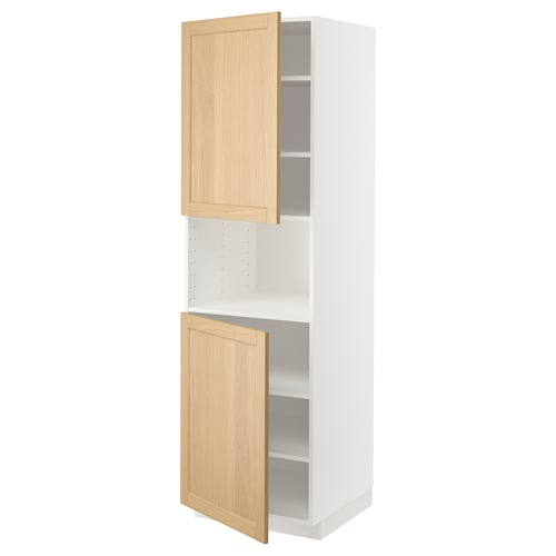 A white METOD kitchen cabinet with oak veneer doors, featuring adjustable shelves and a classic, framed design.