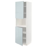 A modern, high-gloss grey-blue kitchen cabinet with adjustable shelves and reversible door, part of the METOD system.