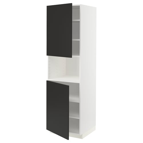 White and black kitchen cabinet, METOD system, tall unit with two open compartments, modern design, adjustable shelves.