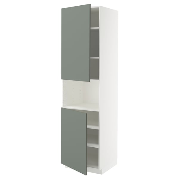 METOD kitchen unit, gray-green, tall, white sides, shelves, modern.