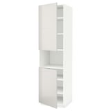 A white METOD kitchen cabinet with two doors. One door has shelves exposed.