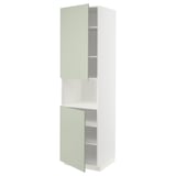 METOD kitchen unit in green with white frame, tall, two open shelves.