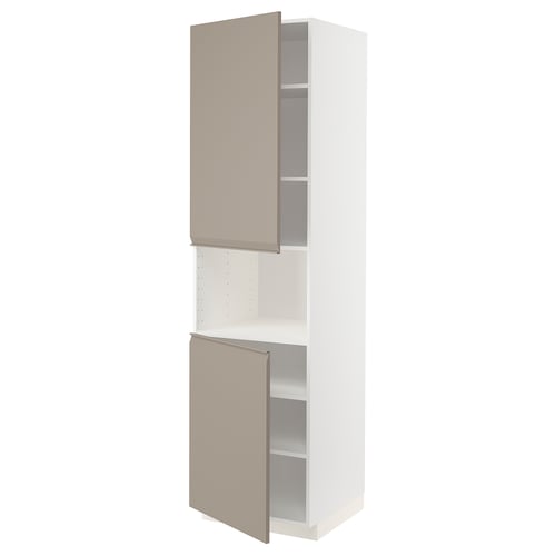 A white and beige METOD kitchen cabinet with two open doors displaying internal shelves.