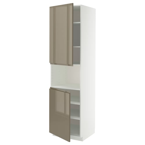 Modern tall kitchen cabinet with high gloss dark grey-brown doors, featuring sleek handles and adjustable shelves.