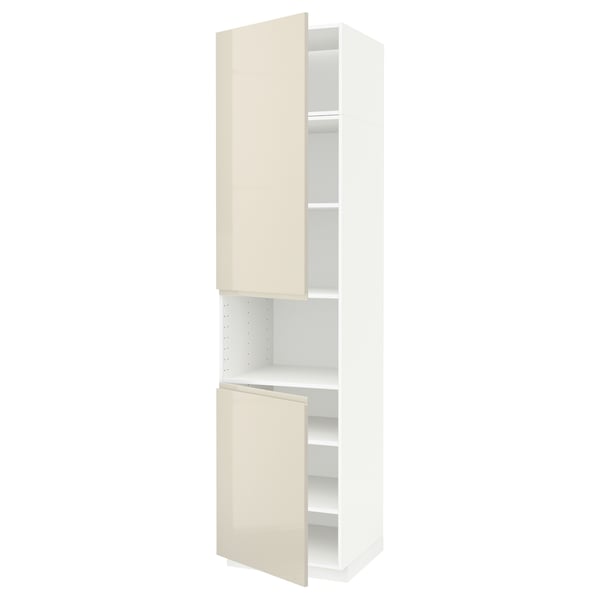A tall, modern kitchen cabinet in white with beige high-gloss doors. The cabinet two adjustable shelves and is part of the METOD kitchen system.