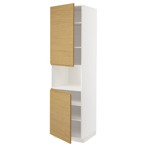 A white and oak-colored kitchen cabinet from the METOD system, featuring wooden doors and minimalist design.