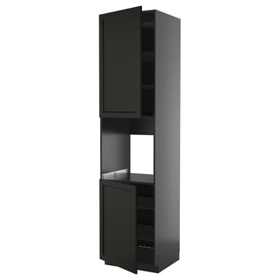 Black METOD kitchen cabinet, high with shelves, sleek modern design.