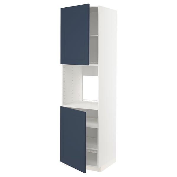 METOD kitchen cabinet, blue, white frame, open door, adjustable shelves.