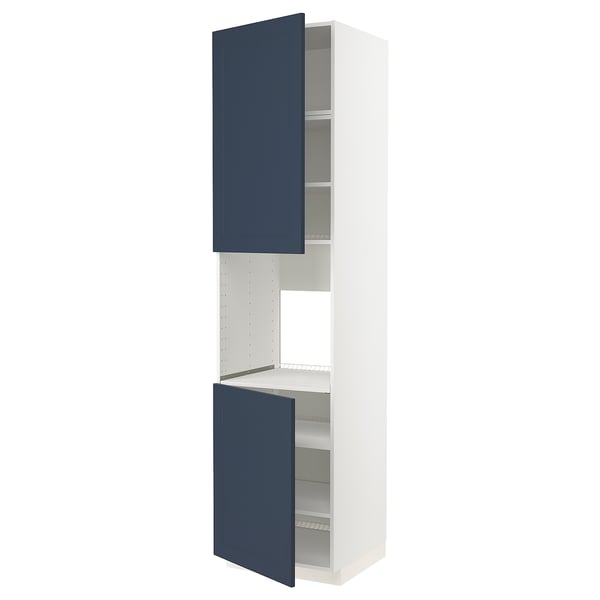 A tall, white kitchen cabinet with blue doors, featuring multiple shelves inside.
