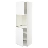 A white METOD kitchen cabinet with one open door, revealing shelves inside.