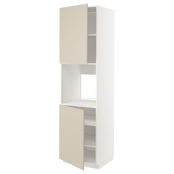 METOD kitchen unit in beige with two open doors, adjustable shelves, and modern design.
