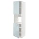 A white high cabinet with light blue glass doors, part of the METOD kitchen system, featuring adjustable shelves.