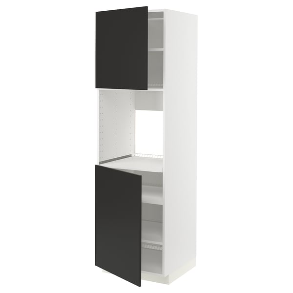 Black and white tall cabinet with adjustable shelves, modern design.