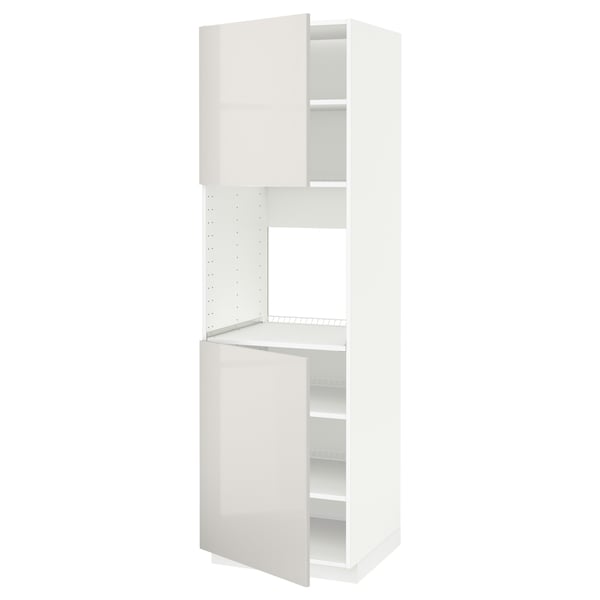 This image shows a white METOD kitchen cabinet system with a glossy finish, featuring multiple shelves and adjustable compartments.
