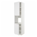 White METOD kitchen cabinet with one open door, showing shelves inside. Adjustable shelves, sturdy construction, and integrated air vents.