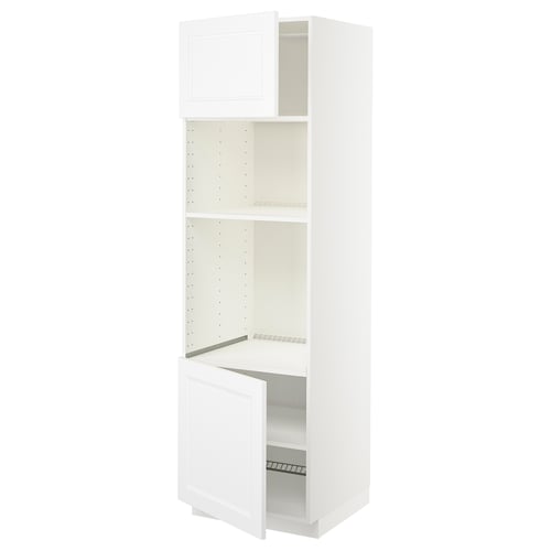 White ikea METOD kitchen cabinet with open door, three shelves.