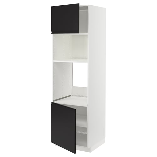 Modern white kitchen cabinet with matte black doors, adjustably spaced shelves.