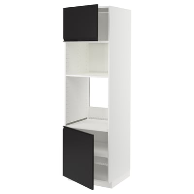 Modern white kitchen cabinet with matte black doors, adjustably spaced shelves.
