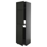Tall black kitchen cabinet with two doors, sleek modern design, steel hinges, adjustable shelves.