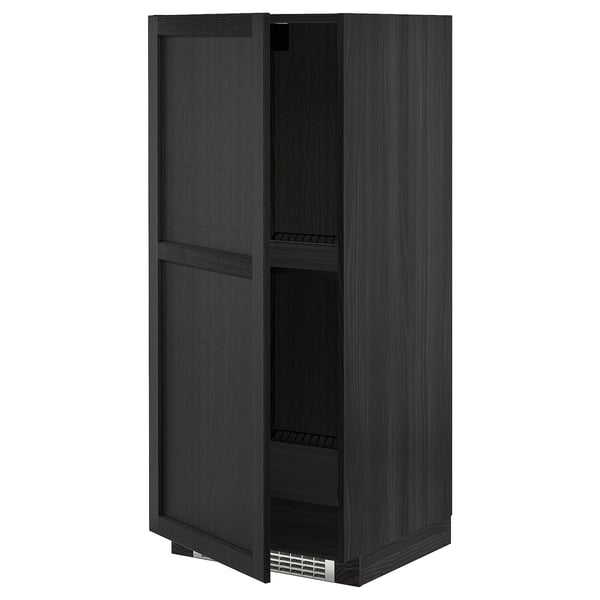 Black wooden cabinet open, two shelves.