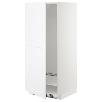A white METOD kitchen cabinet with a swings open door revealing an adjustable shelf and a ventilation grille at the bottom.