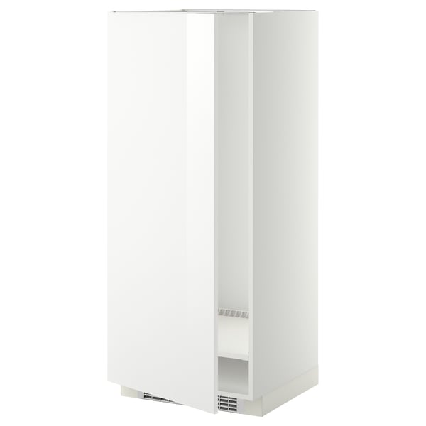 A white METOD kitchen cabinet with a glossy finish and sleek design. It a tall, rectangular structure with a door and an adjustable interior shelf.