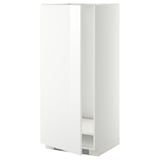 A white METOD kitchen cabinet with a glossy finish and sleek design. It a tall, rectangular structure with a door and an adjustable interior shelf.