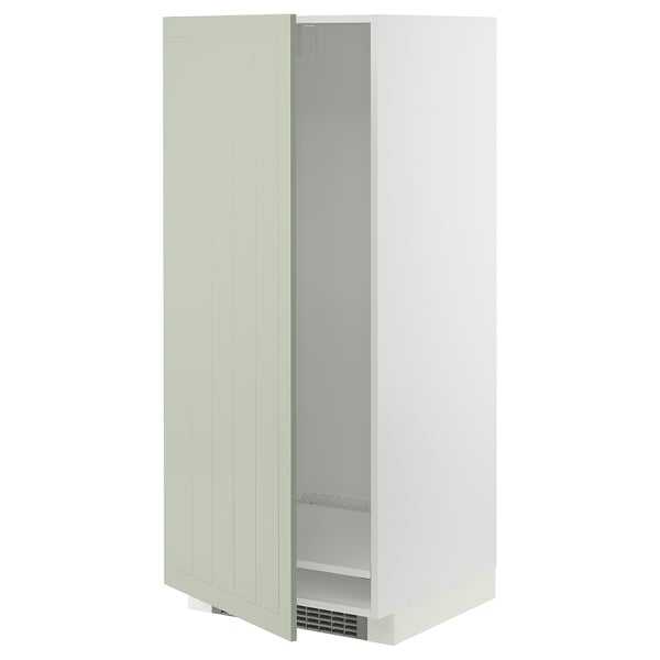 A METOD tall kitchen cabinet with a left side green door and a right side open, white interior. It a single shelf and a white ventilated base.