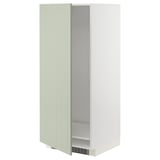 A METOD tall kitchen cabinet with a left side green door and a right side open, white interior. It a single shelf and a white ventilated base.