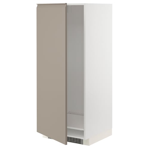 Modern beige kitchen cabinet with minimalist handle and vent.