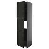 A tall black kitchen cabinet with a sleek, modern design. It adjustable shelves and a stainless steel ventilated plinth.