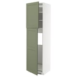 Vertisekad kitchen cabinet: green, wood-like doors, white frame, three shelves, adjustable, modern design.